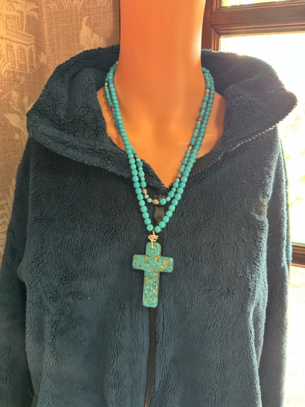 Turquoise Stone Cross Composite Beaded Silver Tone Toggle Necklace Double Strand